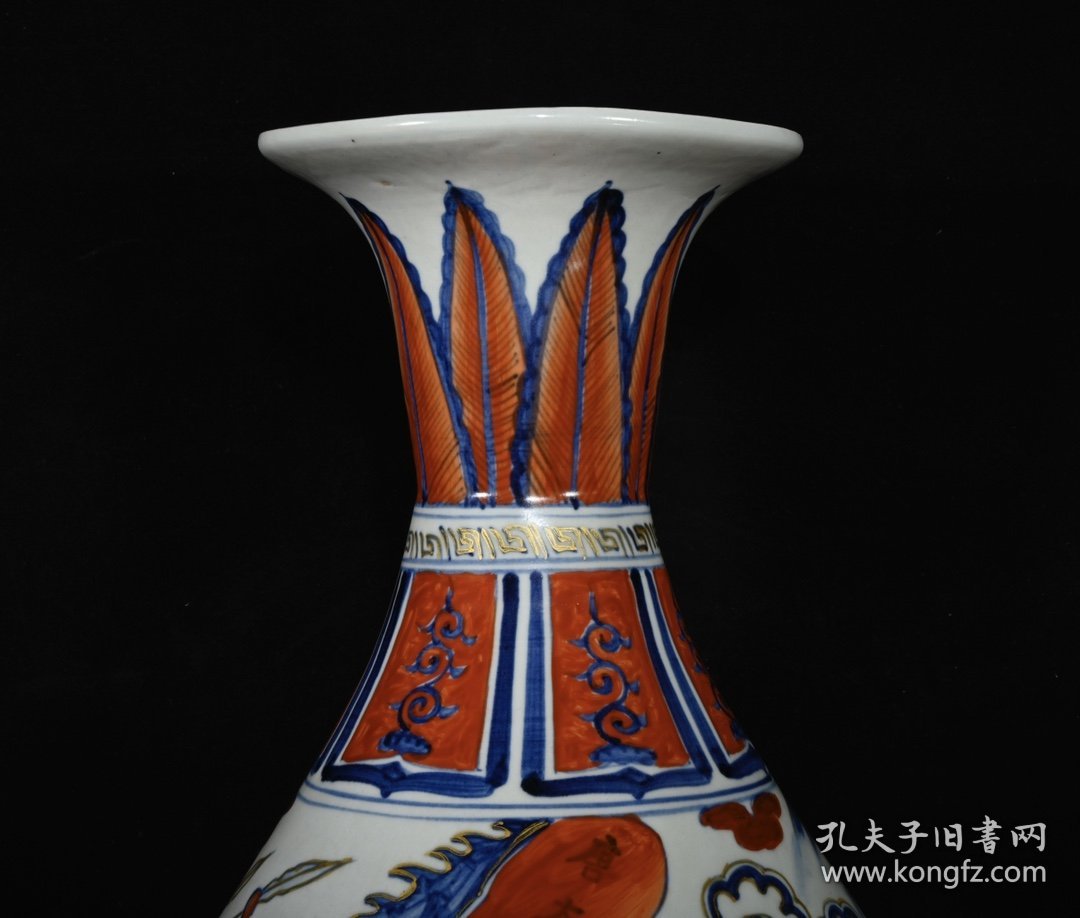 旧藏 元白浒孤窑款矾红青花描金唐太宗人物故事纹玉壶春瓶一对 高46×27厘米