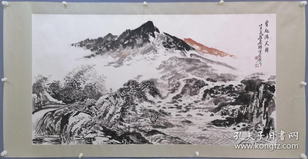 张大石头六尺山水 “云起满天诗” 纯手绘 手工裱镜片…G