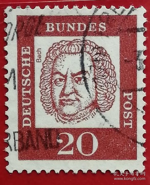联邦德国邮票 西德 1961年 德国名人 作曲家 巴赫 16-6 信销 （1685年3月21日 [15] ～1750年7月28日），出生于德国图林根州的埃森纳赫，巴洛克时期德国作曲家、键盘演奏家 巴赫的音乐作品体裁丰富，其声乐作品以宗教音乐为主，器乐作品则涵盖独奏曲、协奏曲、管弦乐合奏曲、重奏曲在内的各类体裁及其大量作品。因巴赫的作品对欧洲近代音乐的发展产生了积极影响，故被称为“西方音乐之父”