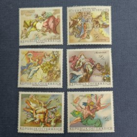 A401奥地利邮票1968年 巴洛克艺术壁画 雕刻版 外国邮票 新 6全 都有类似的软痕，正面影响小