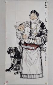 保真书画，甘肃画院专业画家张建中四尺整纸人物画一幅《夏河之春》137.5×69.5cm软片