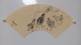 国画作品纯手绘水墨画 扇面小鸡 粉彩宣纸绘制