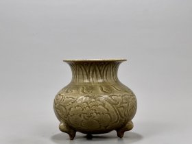 宋耀州窑雕刻花卉纹香炉 古玩古董古瓷器老货收藏1