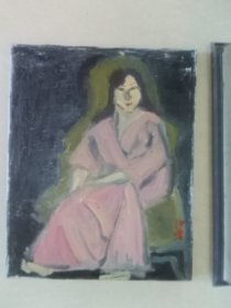 [[穿粉色卫衣的女人[]，退休工人委托老油画40+50cm，保证纯手绘买家自鉴定工艺品不退换