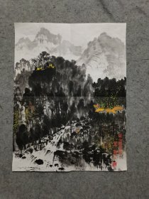 旧国画软片 国画山水小品 深山钟声响 原稿真迹 画心软片尺寸46*35厘米