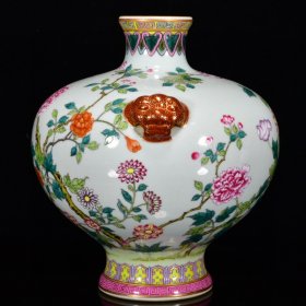 瓷器 清乾隆粉彩花卉纹虎头瓶 20*20厘米