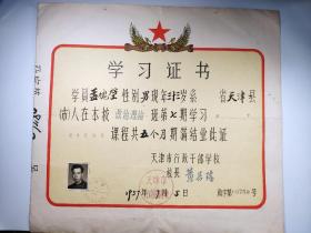 1957年天津市行政干部学校毕业证
尺寸:29×26.5cm