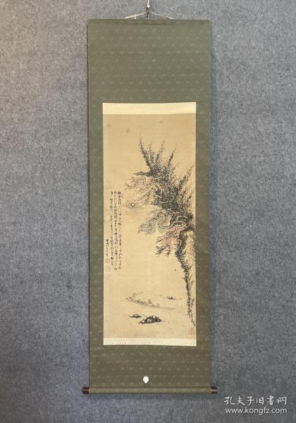 古筆山水图，清代【帆足杏雨】 
1810 - 1884（文化七〜•明治十七）75歲。名遠， 字致太，號聽秋、半農，別號無機子、鷗村、西鄙人、聽秋 閣、七石灘釣者，通稱熊太郎，又稱平庸。家中收藏書畫甚豐，且與賴山陽、田能村竹田 近鄰，少年時代深受繪畫薰陶，後師田能村竹田，亦得 浦上春琴教益，善結交文人墨客，多次受命為宮廷作 畫