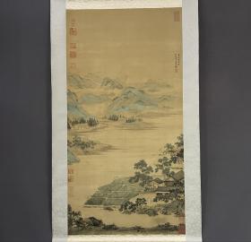 F 306号 绢本印刷 明 仇英 《莲溪渔隐图》日本裱！几近乱真！个人认为比二玄社效果好的多！