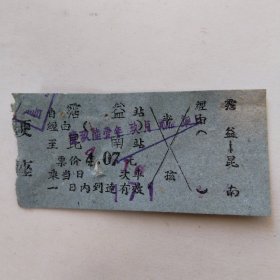 60年代软纸火车票（霑益-昆明南，硬座）