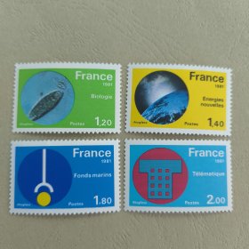 E513法国1981年 科技（微型电路、生物医药、电信等） 外国邮票 新 4枚（不全，缺1枚）一枚角有折，如图