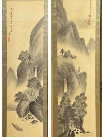 日本近代赤壁图双幅一对，水墨，绢本绫裱骨质轴头，单件画心116*26，有画家自题木箱