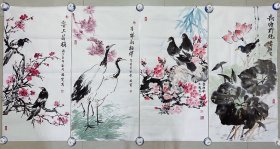 放漏，花鸟画四条屏，赵琳晓老师，每幅画都是赵老师纯手绘亲笔所画，假一赔万，正面一幅画，背面一幅画，都是本人精心收藏的，实际画的比照片拍出来要漂亮的多，笔法苍劲有力，浓淡干湿焦，行云流水，一张的尺寸为1米×50公分，三尺整张的四条屏，家里客厅，卧室，玄关，书房都可悬挂，大气，家中有字画，必是富贵家，闭眼入，真的特别好看。