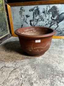 80年代，双线紫砂花盆一只y