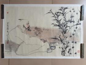 现代著名画家，北京彩墨艺术学会会长【唐燕山 人物画作品“食无肉图”一幅107x70】原裱托片！保真出售！