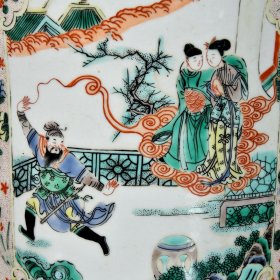 清康熙五彩开窗人物花鸟故事纹笔筒;19.3x22厘米