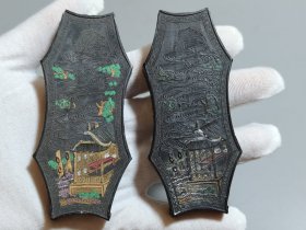旧藏老墨块，飞云轩老墨，墨块，文房四宝 长9.5cm，宽4cm，厚度1.1cm ​描金绘画精美，画片内容丰富