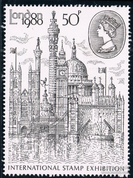 英国1980 伦敦邮展 泰晤士河大本钟塔桥 雕刻版