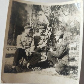 1969年10月，3名战士在树下吹牛皮留影照片
