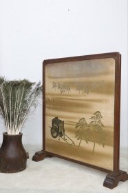 榉木屏风，榉木材质，屏风心采用名人画装裱，背面撒真金，文气十足，适用于书房、茶室空间设计，包浆自然浑厚，完整无修，尺寸如图