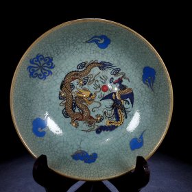 宋汝窑清加彩描金绘龙凤呈祥纹洗 尺寸高5CM口径18.8CM