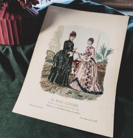 西洋古董1885法国巴黎女性时尚铜版画粉色