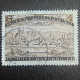 ox0106外国纪念邮票奥地利1980年 施泰尔建城1000周年 建筑 信销 1全 雕刻版 邮戳随机