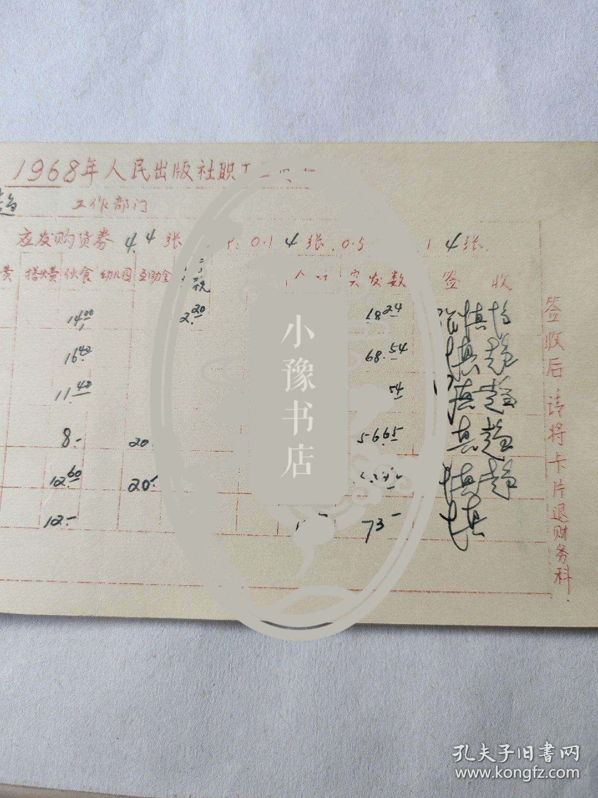 点击查看原图 1968年人民出版社职工工资卡:著名编辑张慎超,1到6月份工资,其中张慎超签字六处,