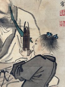 日本近代南画名家，小田海仙弟子大庭学仙作品，陶弘景茅山听笙图，绢本绫裱，木质工艺轴头，画心128*49.8。5807