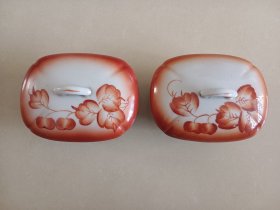 喷红手绘花果肥皂盒 一对完整 13×9×6