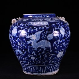 珍藏1明嘉靖青花露白八宝麒麟纹双龙罐规格26*25cm