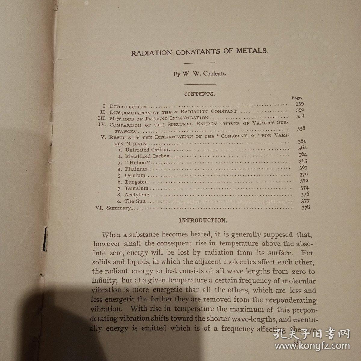 1909年出版英文原版旧书RADLATION CONSTANTS OF METALS