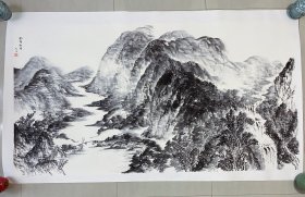 山水画，焦墨山水，写意画法，皴法点染，纯手绘，假一赔万，正面一幅画，背面一幅画，都是本人精心收藏的，安徽省宿州市美协席大云老师的原创大作，实际画的比照片拍出来要漂亮的多，笔法苍劲有力，浓淡干湿焦，行云流水。1.8米×97公分的，大六尺的，家里客厅，卧室，书房，茶室，办公室都可悬挂，非常大气，真的特别好看，宣纸软片已经托底了，回家可以直接装框了。