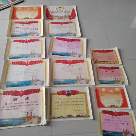 中牟县三官庙乡晶晶大队蒋国良、蒋贤芳获奖奖状14张。頒奖单位分别为郑州八中、三官庙晶店大队、郑州三十四中、三官庙公社、中牟县委、政府、河南农学院。奖状规格不一，省略不具。