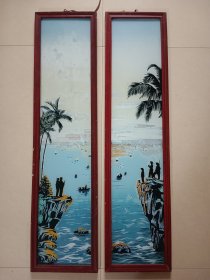 老玻璃画对联 海岛民兵 镜面上中部分有轻微脱彩 93×23×7