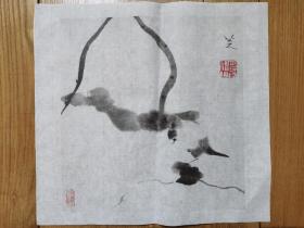 80年代上海博物馆珂罗版宣纸精印  八大山人《荷叶小鸟》