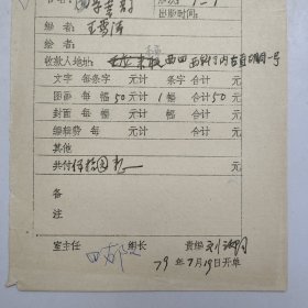 L56-35：已故著名画家 原北京画院院长 —王雪涛 作品<月季喜鹊> 1979年某编辑室稿酬通知单一张，此稿有人民美术出版社社长田郁文、画家刘汝阳 等人签批！