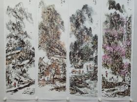 保真字画，梁飞《春夏秋冬》山水画四条屏一套，尺寸137×35cm×4，有作者合影。梁飞，中国国家画院赵卫工作室画家，中国国家画院青年画院画家，东莞市美协理事，当代山水画名家，2009最受关注的十名国画家之一，2010十佳潜力画家。