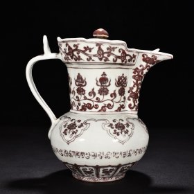 明宣德釉里红莲托八宝梵纹僧帽壶 高24厘米 宽25厘米