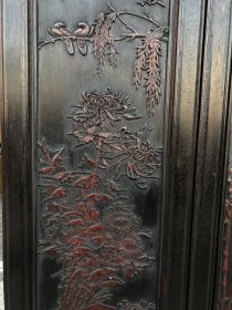 红花梨雕刻四扇挂屏，精工雕刻梅兰竹菊图案，尺寸90*30*3，