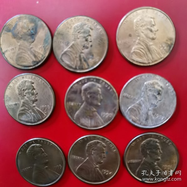 美国一分林肯硬币，上世纪九十年代的，有9枚（缺92年），年份币