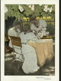 1903年木刻平印版画乔治姐妹