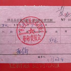 1968年8月21日，住宿费，林县直机关第一招待所收费凭据。（生日票据，宾馆住宿类票据）。（59-2）