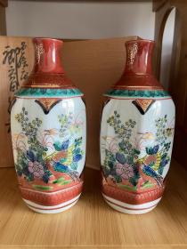 日本回流 德利 酒壶 日本名窑 九谷烧 名家 庄三作  六角 色绘 手绘画片 重彩 描金 一对儿出 有原盒