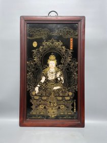 丁觀鵬作品红木镶瓷板画掐丝唐卡大势至菩萨挂屏