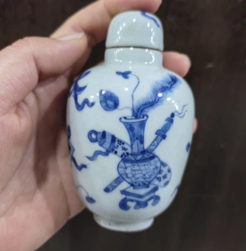 青花博古花卉陶瓷带盖陶瓷中药瓶