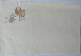 经典荣宝斋童趣彩笺一张。有注录，见到即是缘。 规格:28.5*18.5cm。 信笺纸数量: 1张。 ​ 捉迷藏，吴光宇画，徐燕荪的徒弟。