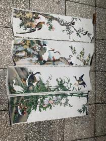 花鸟四屏，芦雁、鸳鸯，锦鸡，桃鹤，中国杭州都锦生丝织厂制，27*92厘米