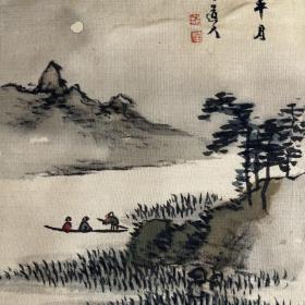 “小”有意境，日本近代南画家黑部拈华作品，秋早行舟图，微型挂轴，绢本绫裱，画心20*15。画家曾游学中国。145