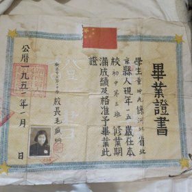 1951年河北省北京县人董坤元在衡阳市立二中学毕业证书（带五星红旗防伪标志）
